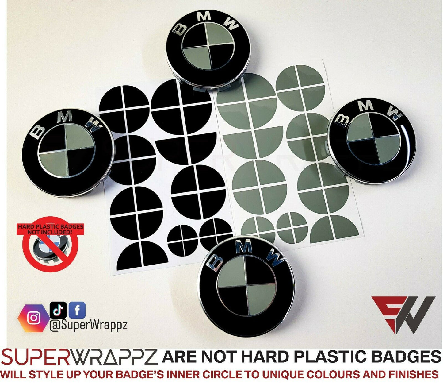 Black & Grey Gloss V1 BMW Badge Overlay — Compatible with E/F Series | SuperWrappz
