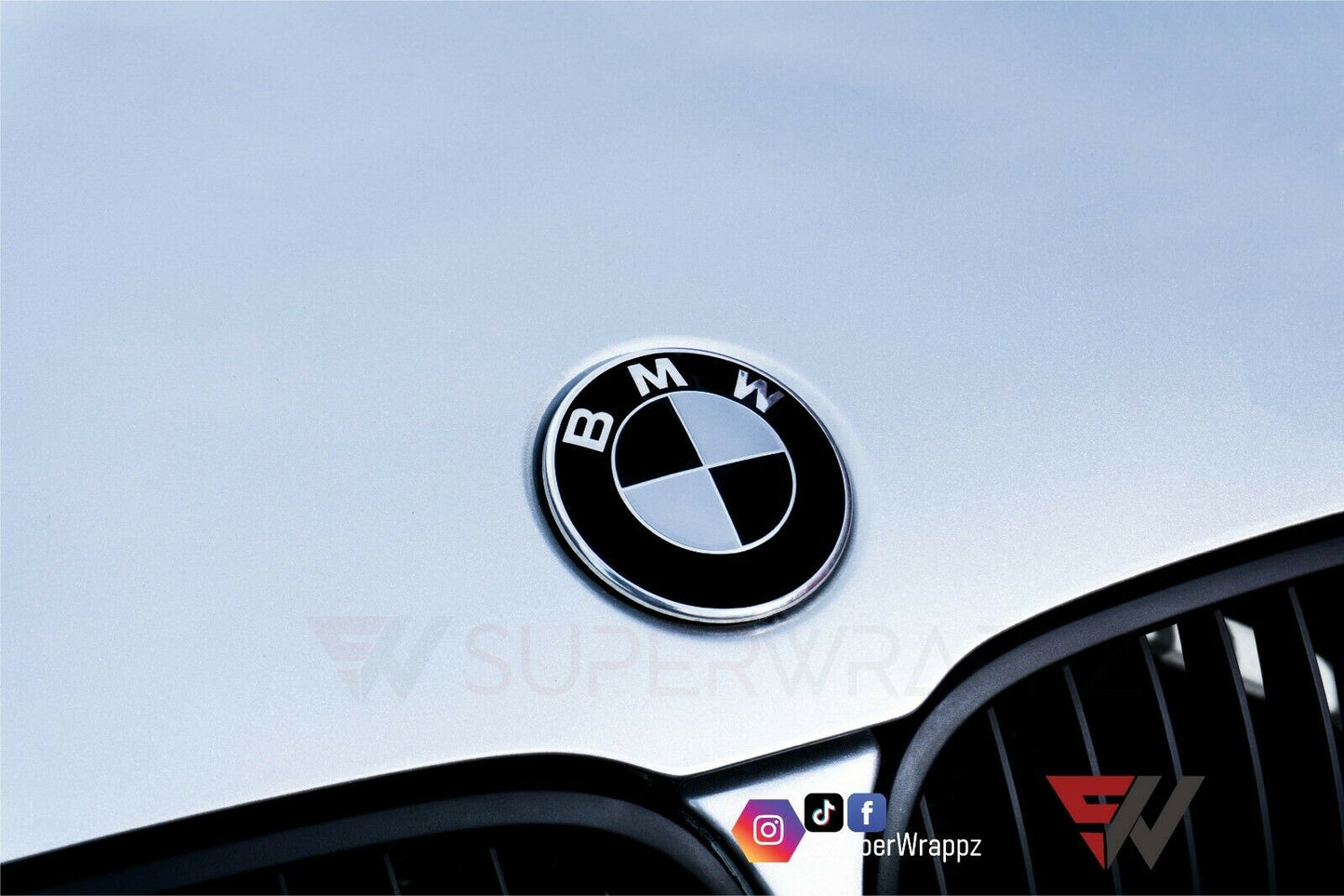 Black & Silver Gloss V1 BMW Badge Overlay — Compatible with E/F Series | SuperWrappz