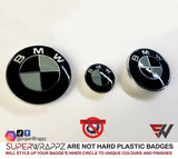 Black & Grey Gloss Badge Emblem Overlay FOR BMW Sticker Vinyl 2 Quadrants covered in each colour FITS YOUR BMW'S Hood Trunk Rims Steering Wheel