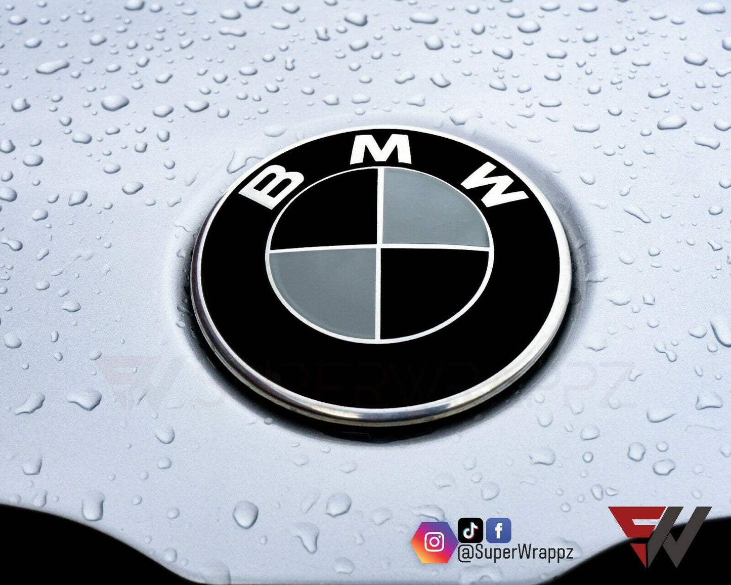 Black & Grey Gloss V1 BMW Badge Overlay — Compatible with E/F Series | SuperWrappz