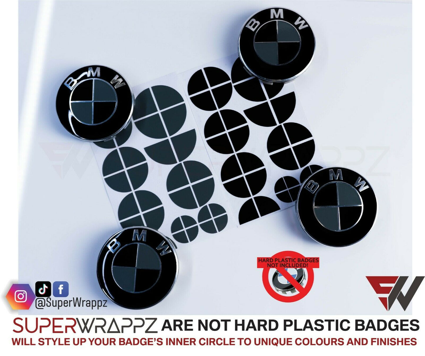 Black & Dark Grey Gloss V1 BMW Badge Overlay — Compatible with E/F Series | SuperWrappz