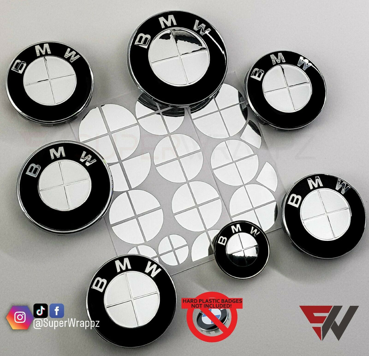 Chrome Silver Mirror BMW badge overlay, complete badge set laid out on a plain background