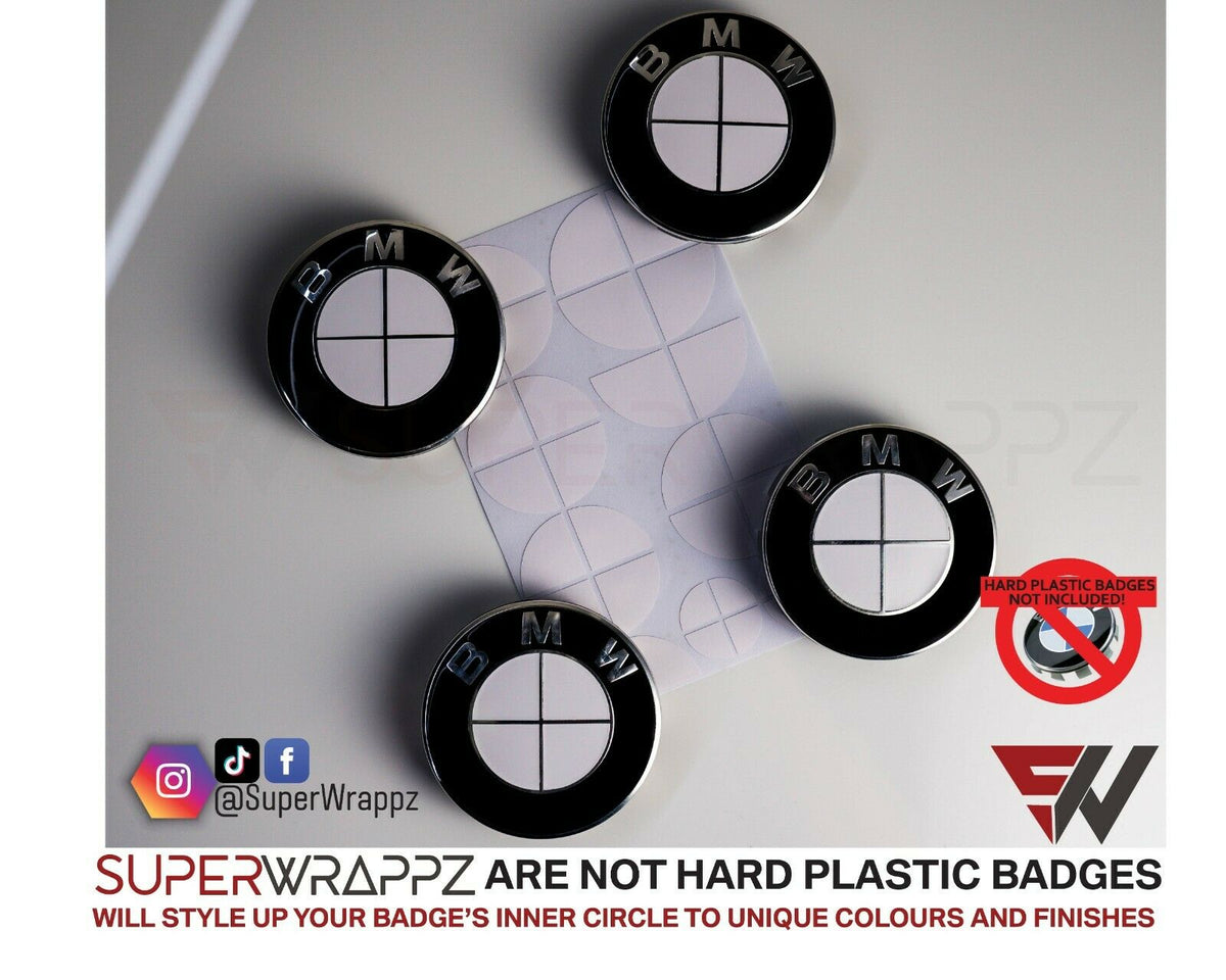 Half White Gloss BMW badge overlay by SuperWrappz on E/F Series emblems, aftermarket cast-vinyl set