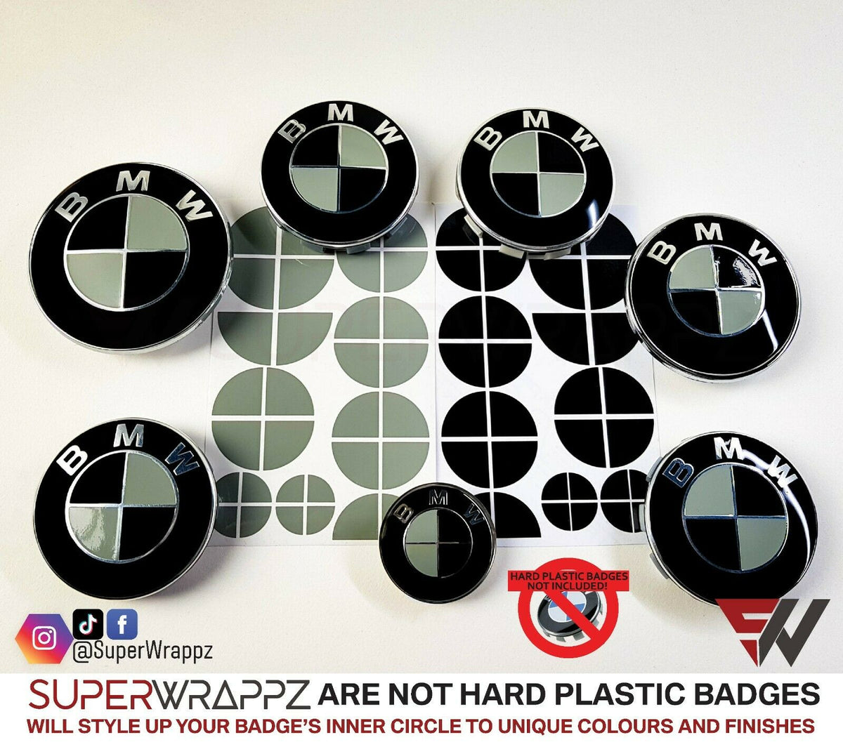 Black & Grey Gloss BMW badge overlay, complete badge set laid out on a plain background