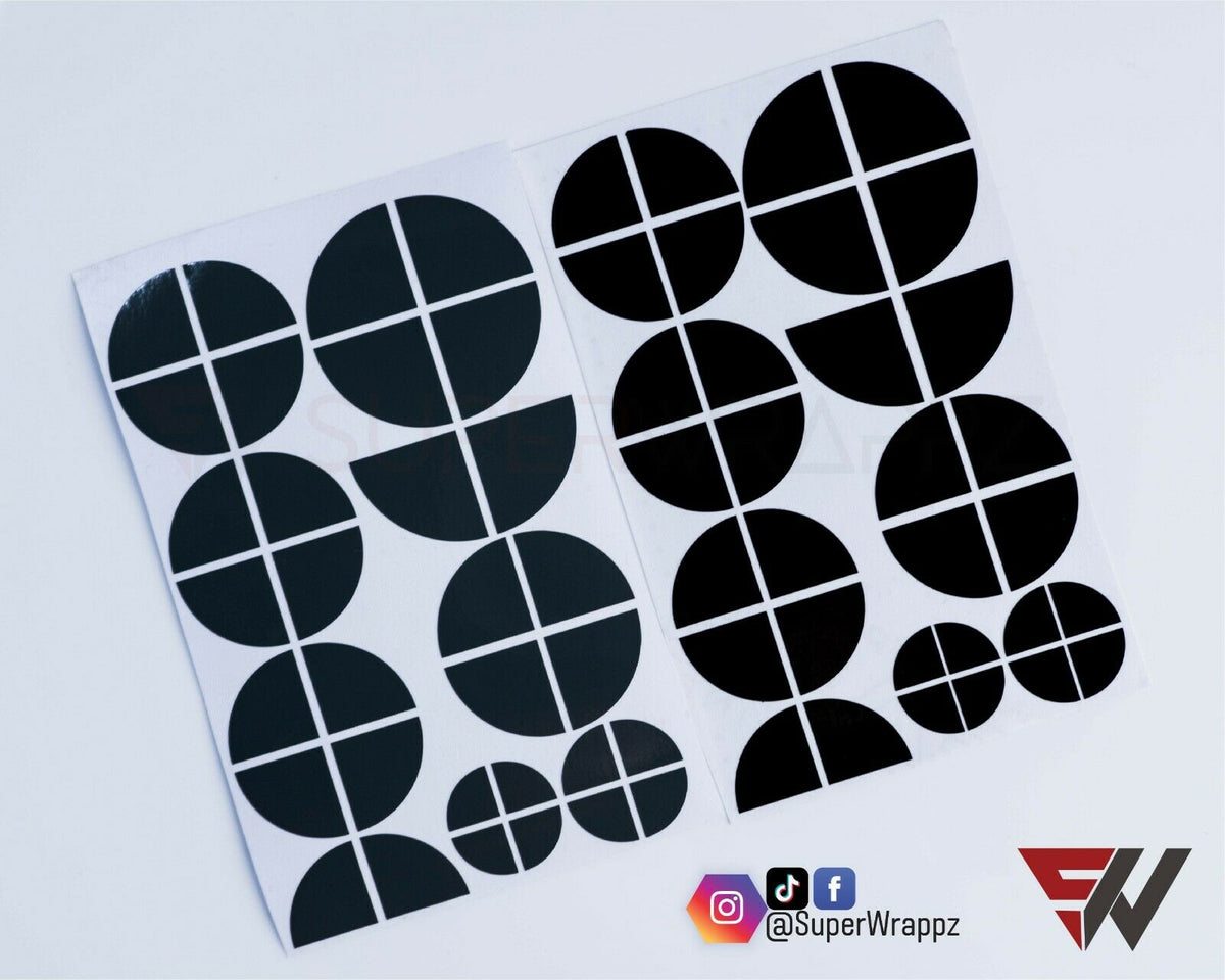 Black & Dark Grey Gloss BMW badge overlay, complete badge set laid out on a plain background