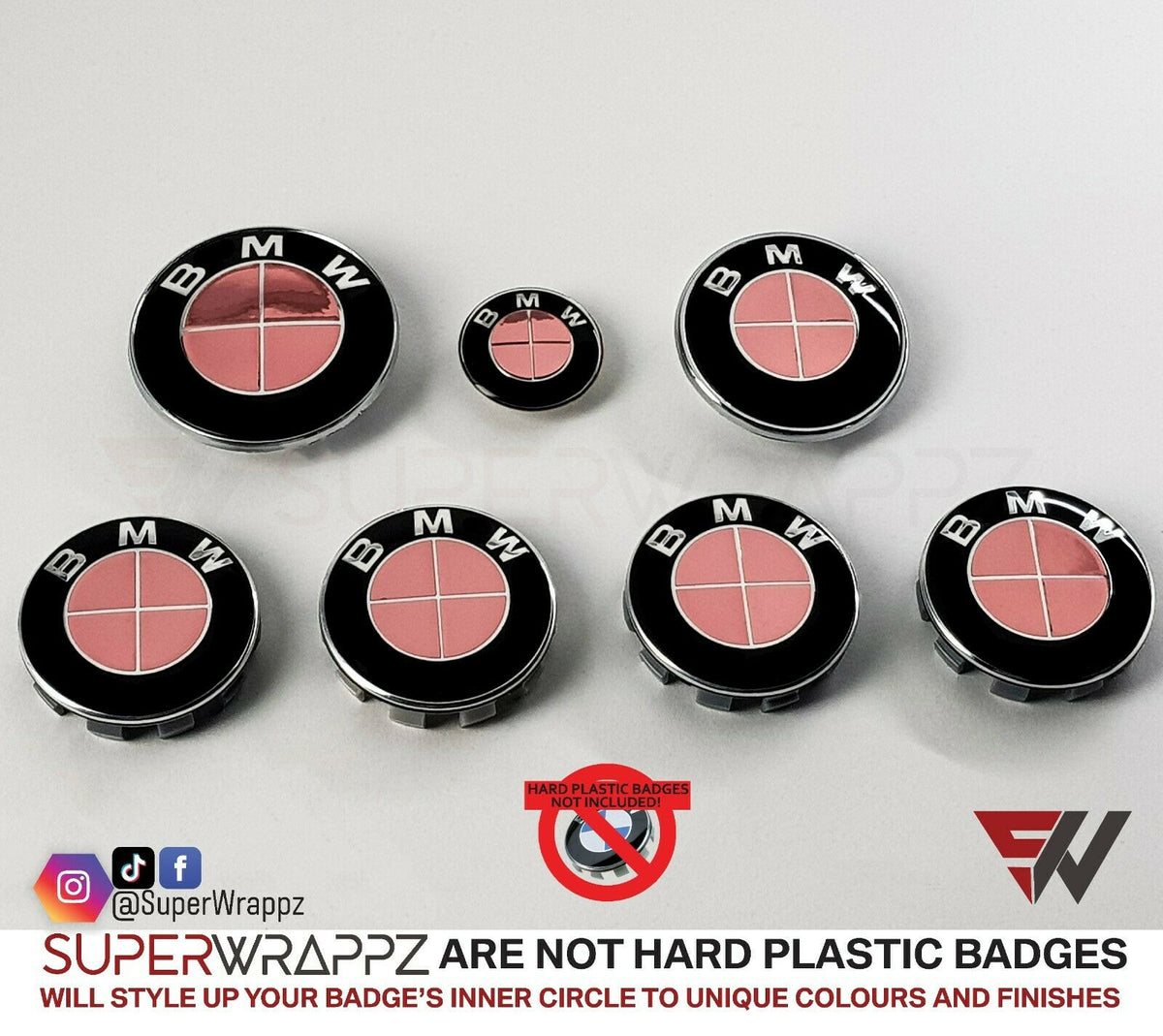 Chrome Rose Gold BMW badge overlay by SuperWrappz on E/F Series emblems, aftermarket cast-vinyl set