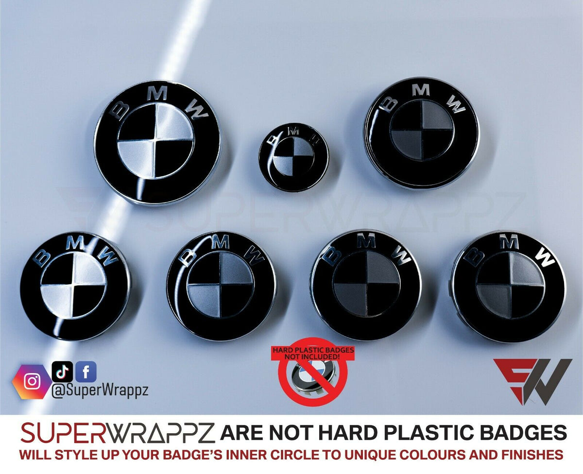 Black and Silver Gloss BMW badge overlay by SuperWrappz on E/F Series emblems, aftermarket cast-vinyl set