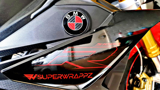 Black and Red Carbon BMW S1000R and S1200R motorcycle badge overlay by SuperWrappz, aftermarket cast vinyl