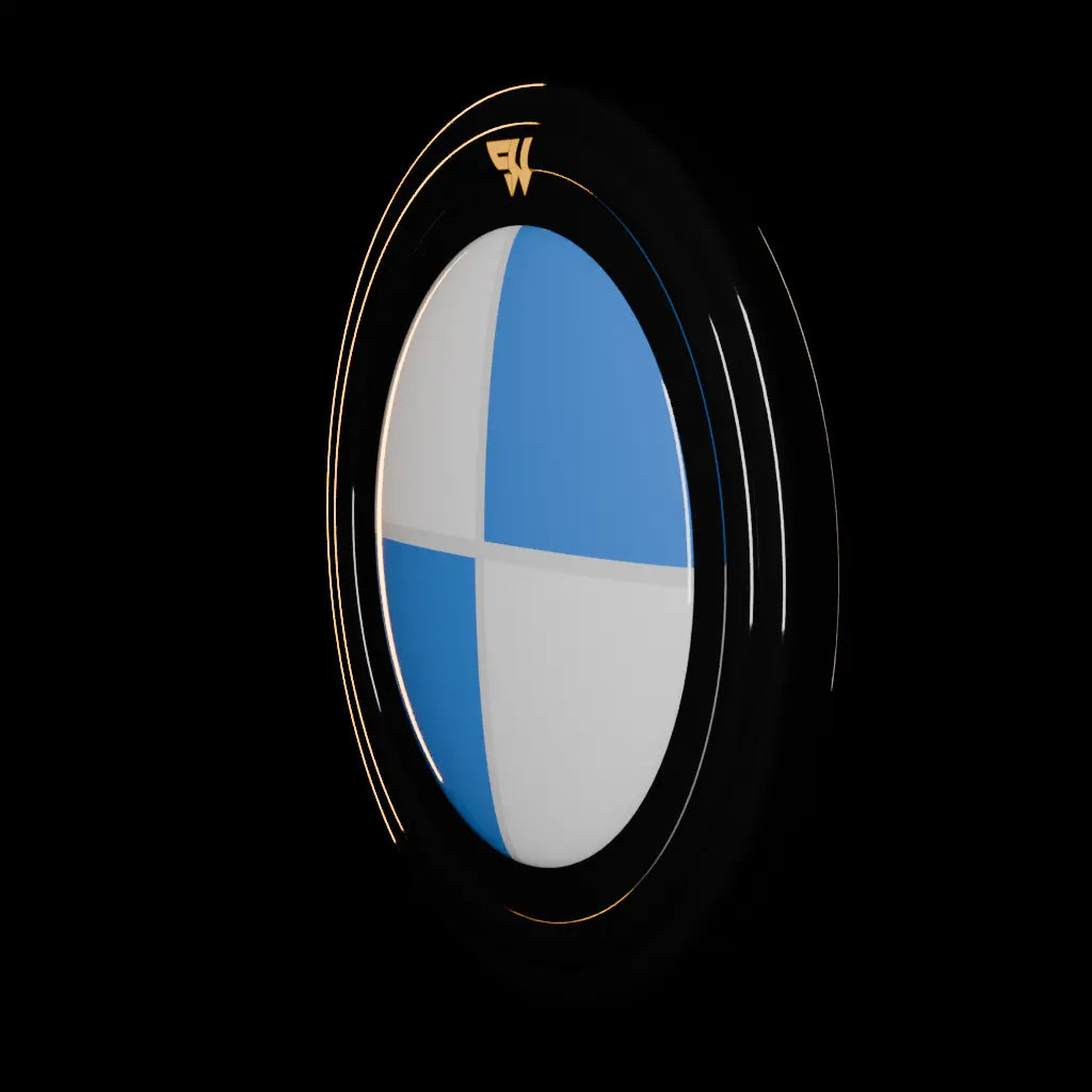 BMW badge overlay reveal — stock roundel wiped to gloss black wrap under studio light