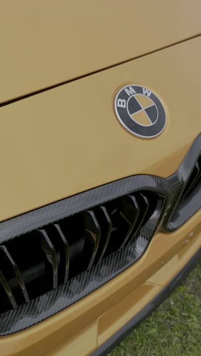 F87 M2 roundel in matte gold, slow handheld pan across the badge, flat daylight.
